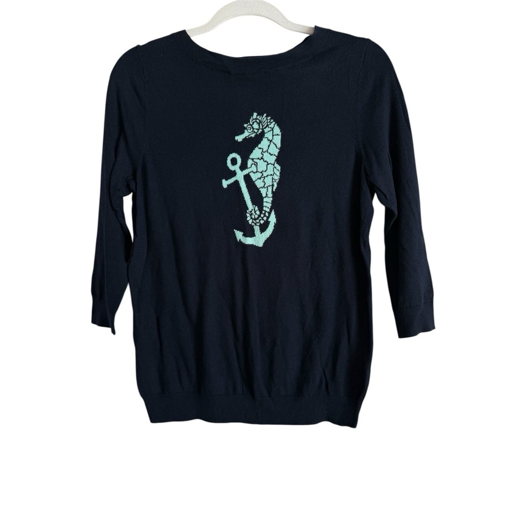 Talbots Petites PM Navy Blue Sweater Seahorse Anchor Nautical Cotton Blend Knit